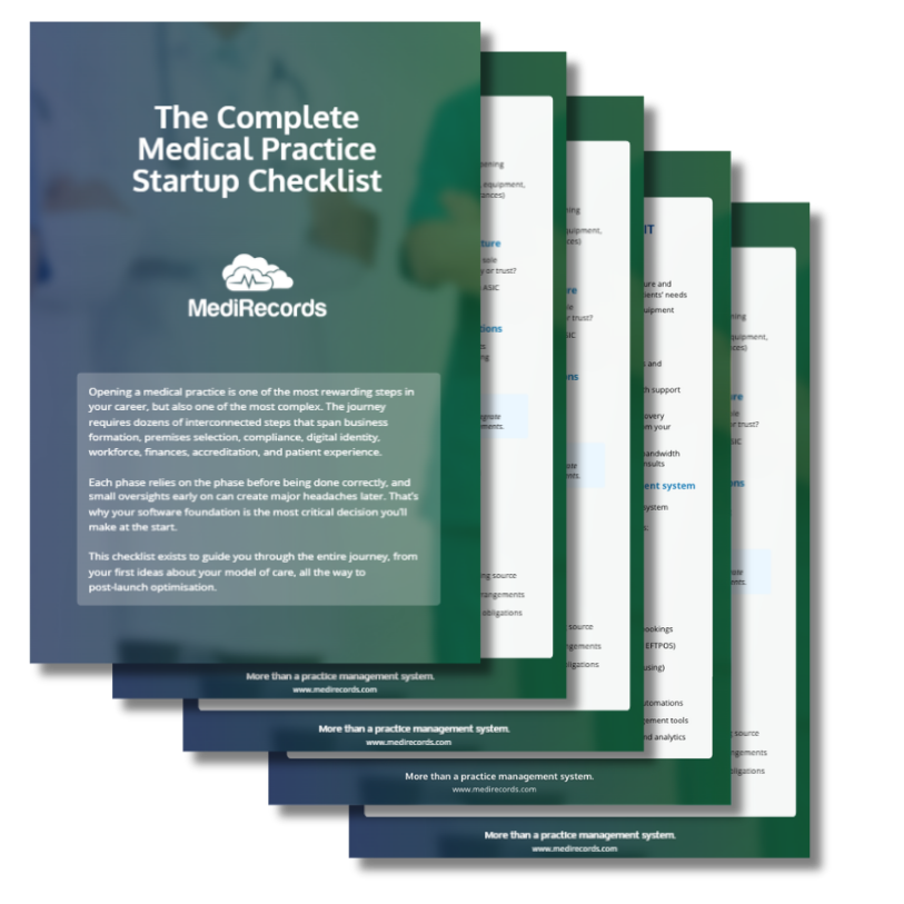 An image showing pages of the MediRecords Complete Medical Practice Startup Checklist stacked on top of each other.